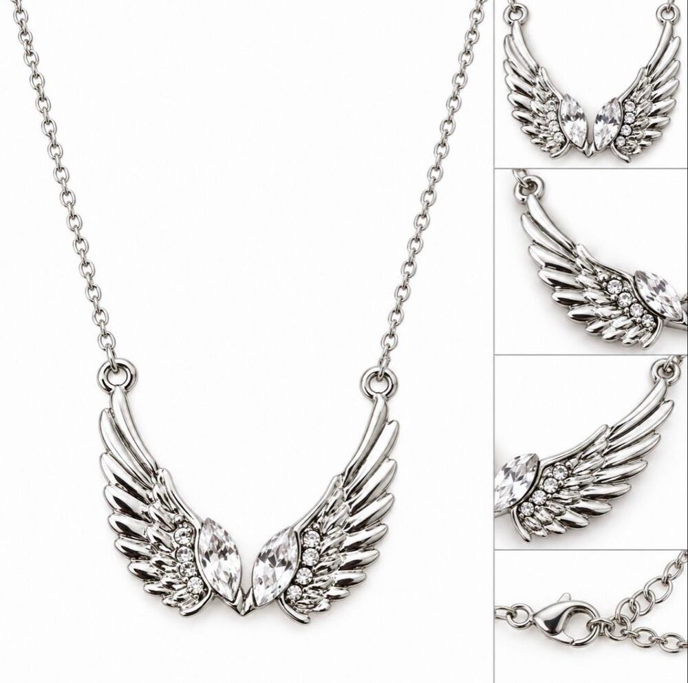 Silver Tone Angel Wings Clear Rhinestone Necklace